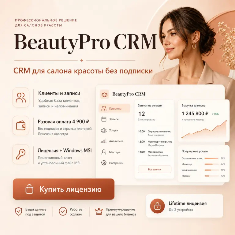 BeautyPro CRM — локальная CRM для салона красоты без ежемесячной подписки